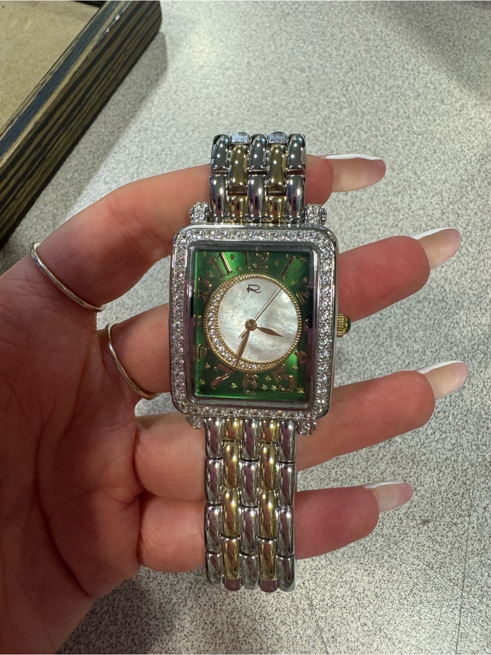 Rarities by Carol Brodie TwoTone Crescent Moon Green & MOP Accent Bracelet watch